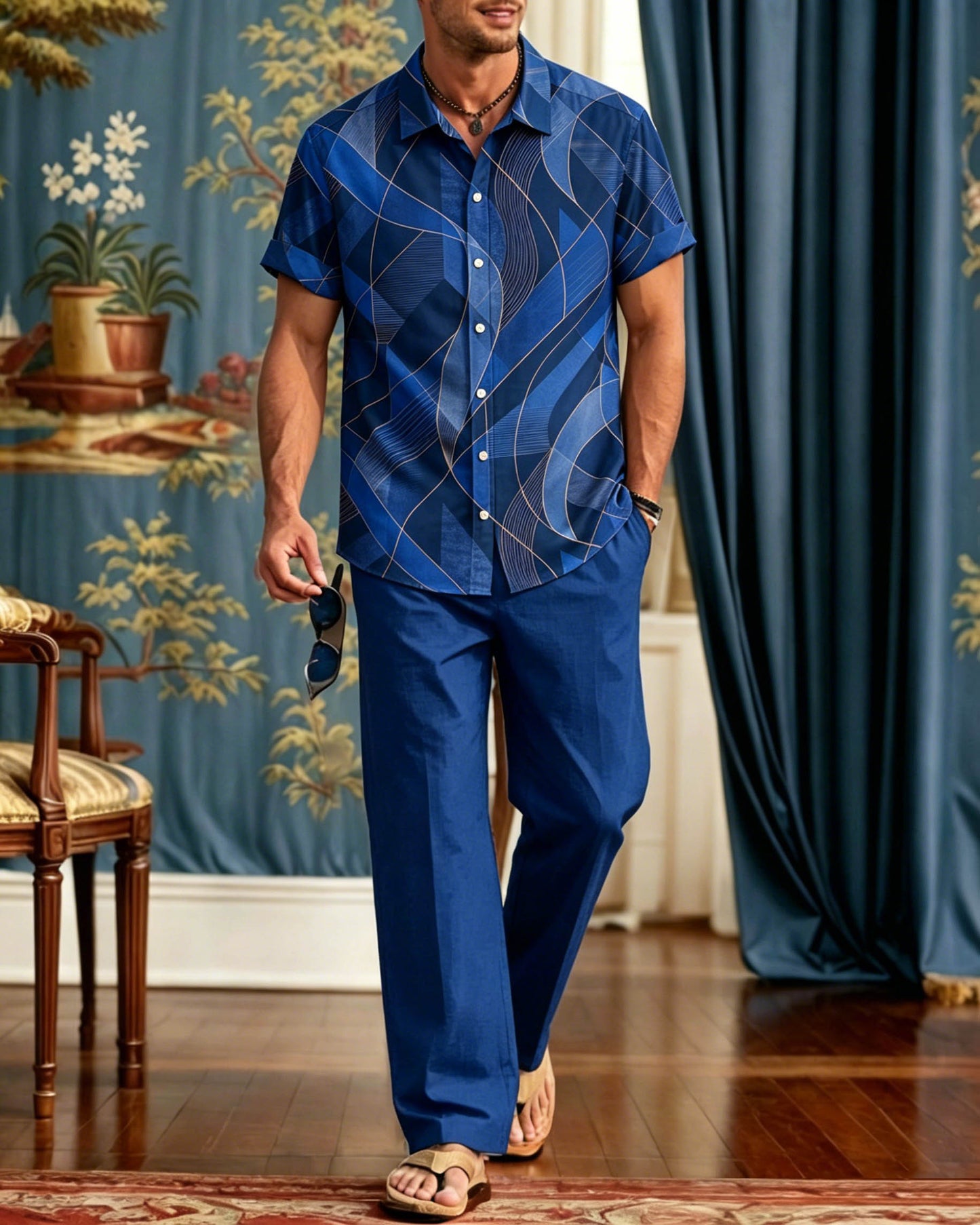 Men's Elegant Retro Lines Short-Sleeve Walking Set