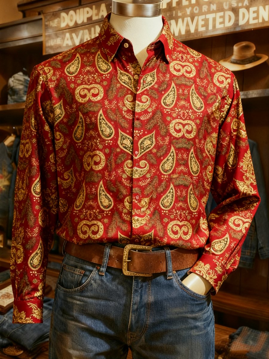 Men's Business Paisley Christmas Evergreen Print Long-Sleeve Shirt