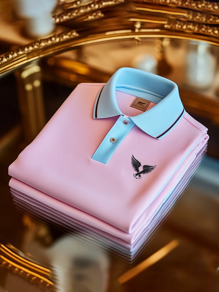 Men's Classic Business Check Logo Button Short Sleeve Polo Shirt