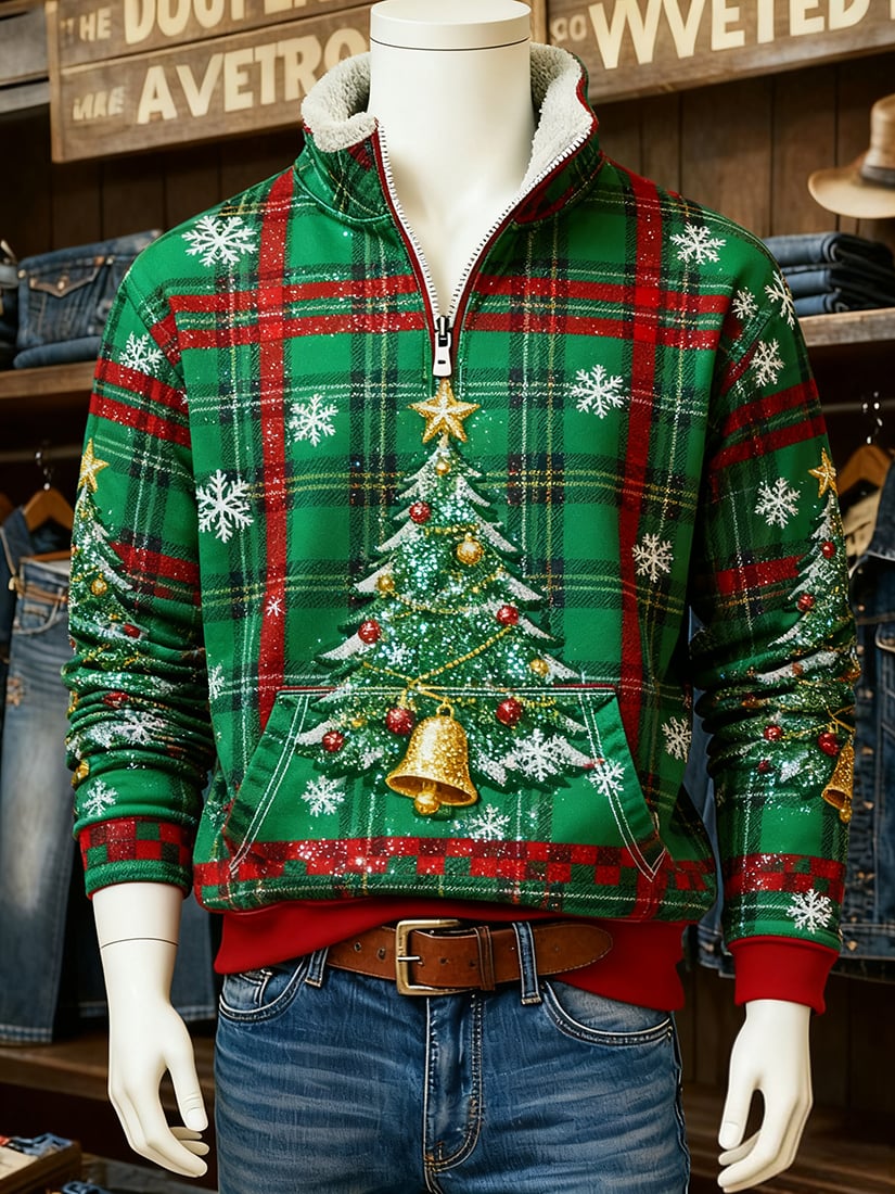 Men's Vintage Christmas Holiday Quarter Zip Fur Collar Sweatshirt