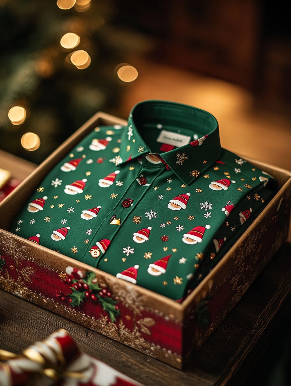 Men's Business Christmas Hat Printed Long Sleeve Shirt