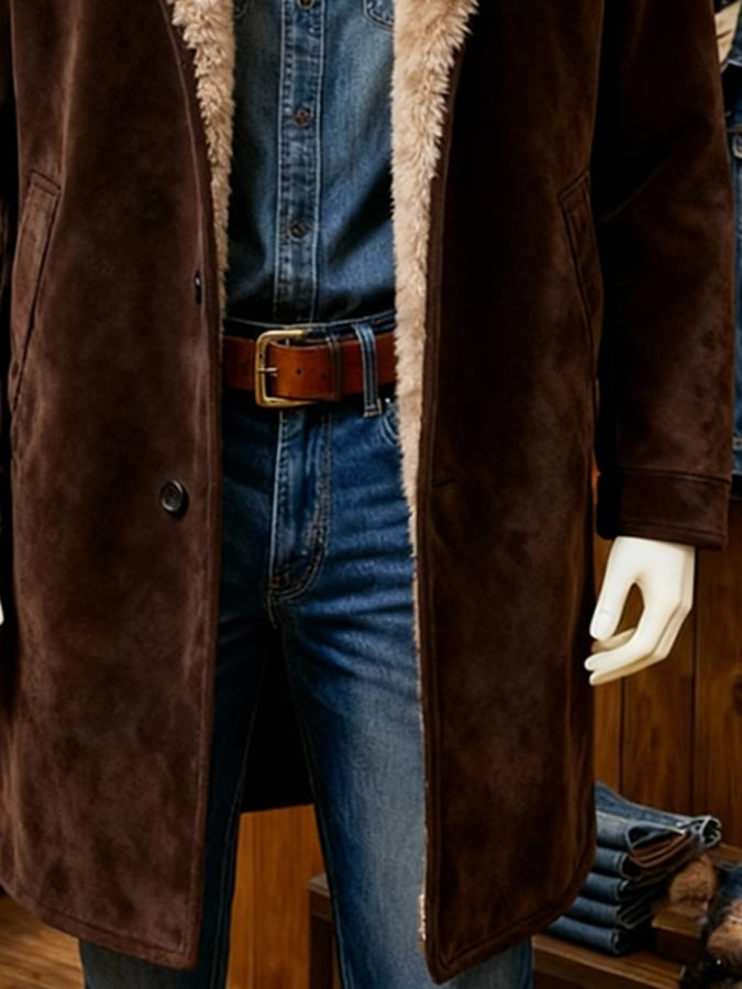 Men's Vintage Suede Fur Collar Warm Mid-Length Jacket