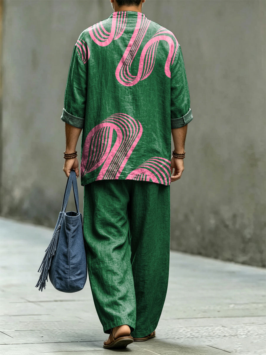 Men's Retro Abstract Geometric Print Casual Linen Two-piece Set (top & Pants)