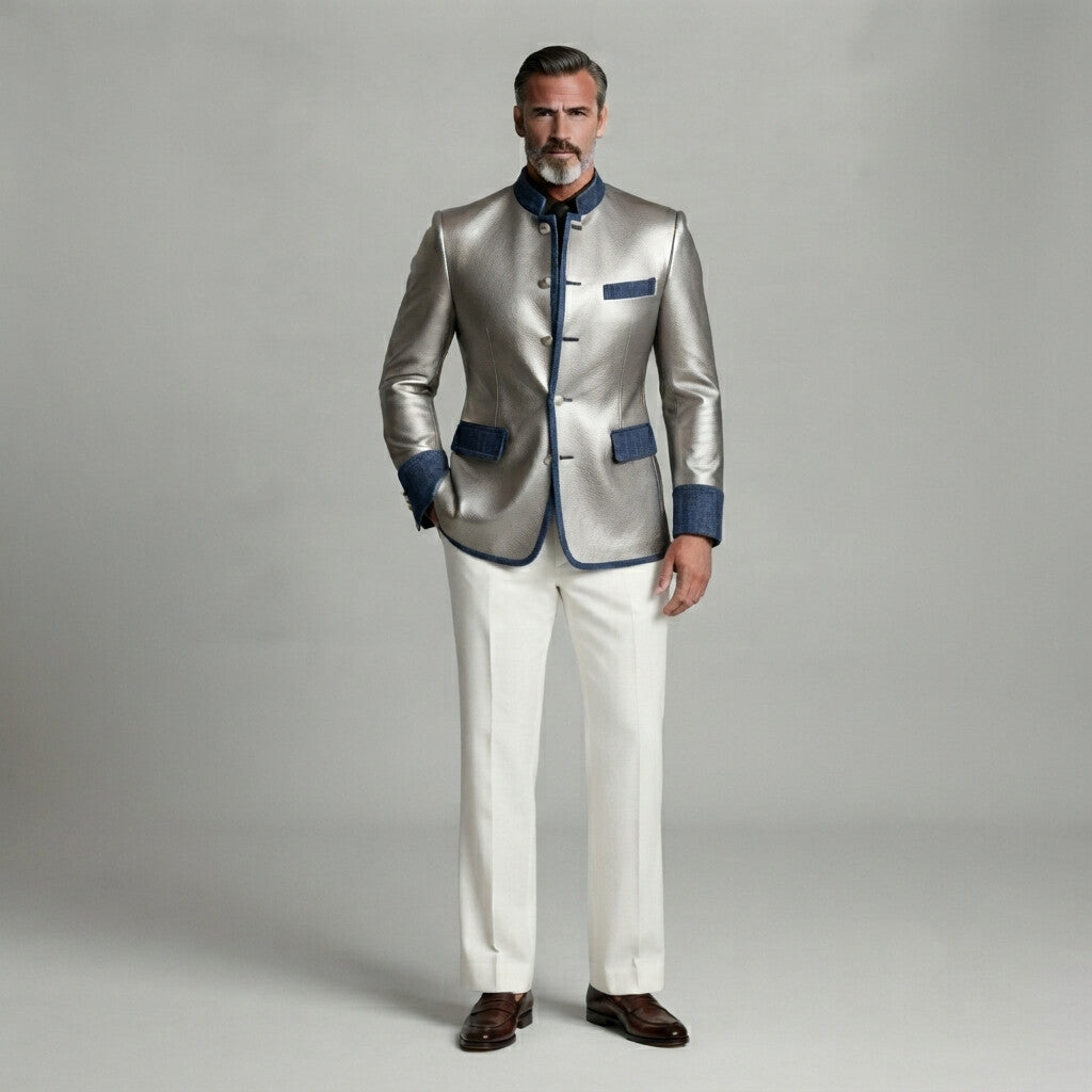 Men's Vintage Silver Mandarin Collar Single Breasted Denim Trim Slim Fit PU Leather Jacket