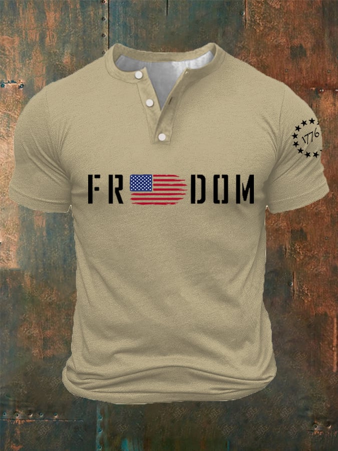 Men's Freedom1776 American Flag Independence Day Buttons Neck Top