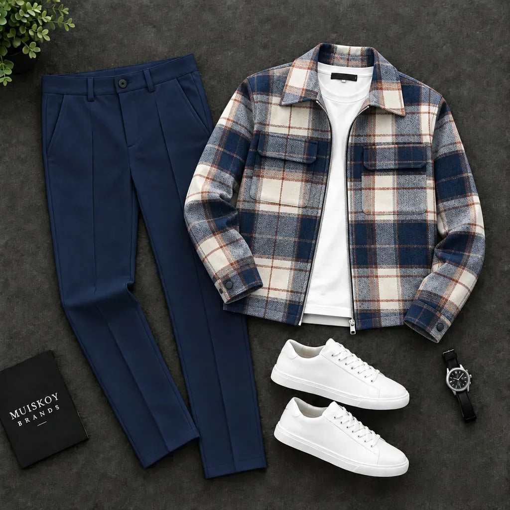 Men's Checkered Two-Piece Set with Double-Pocket Jacket and Pants