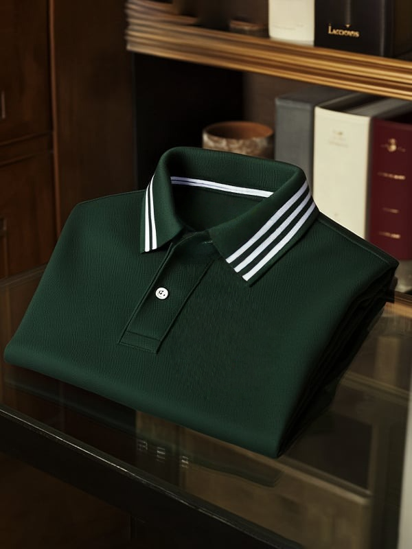 Men's Business Stripe Logo Print Short Sleeve Polo Shirt