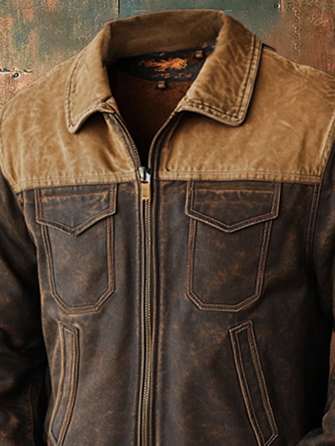Men's Vintage Suede Patchwork Lamb Fleece Multi-Pocket Reverse Collar Outdoor Jacket Coat