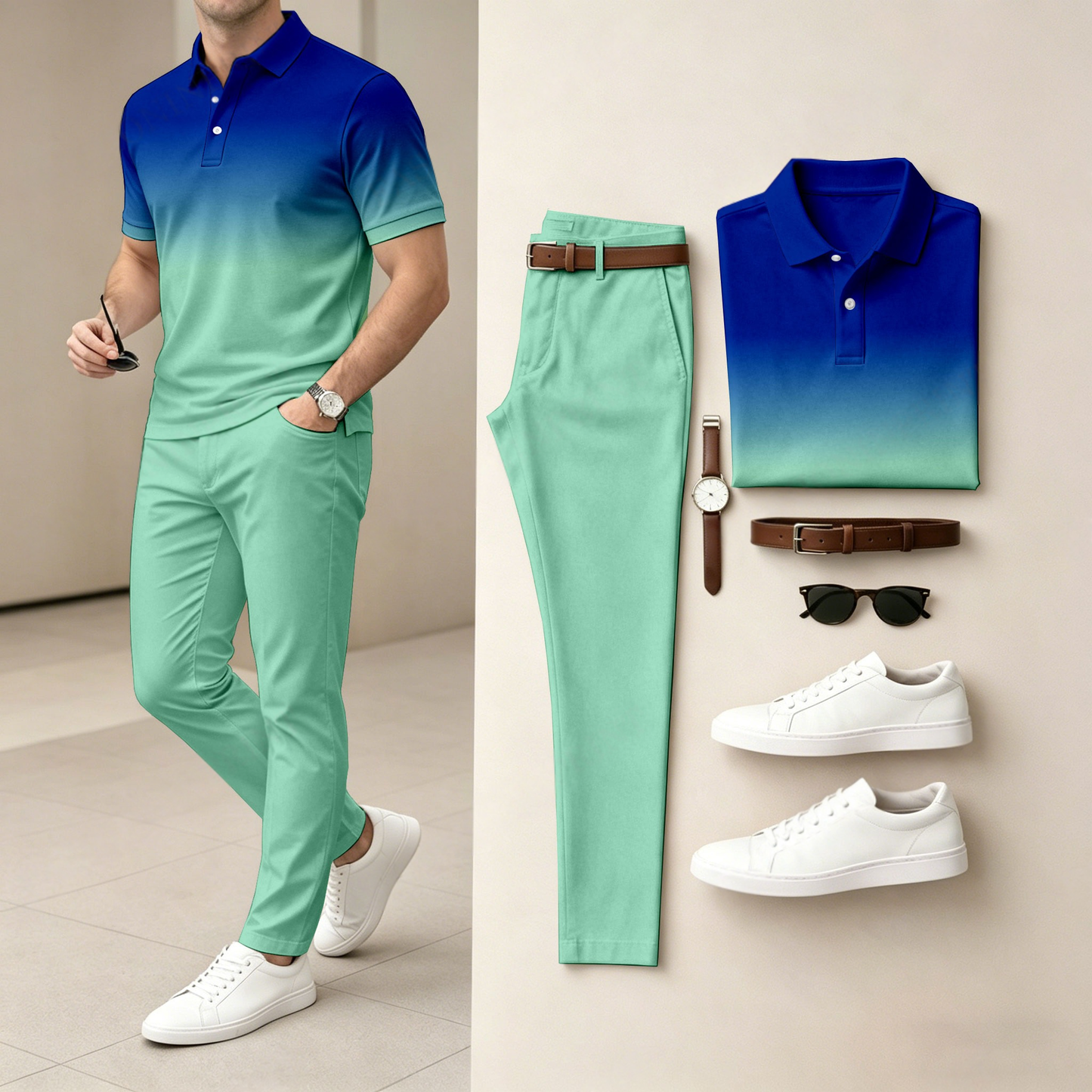 Men's Casual Gradient-Print Short-Sleeve Polo Shirt And Pants Set (Excludes Accessories Such As Watches And Belts)