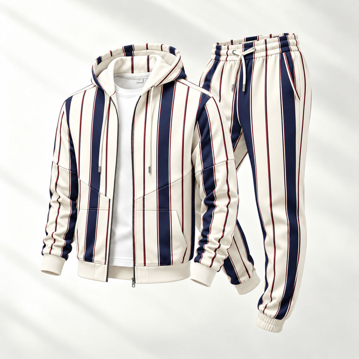 Men's Striped Print Hooded Cardigan and Sweatpants Set