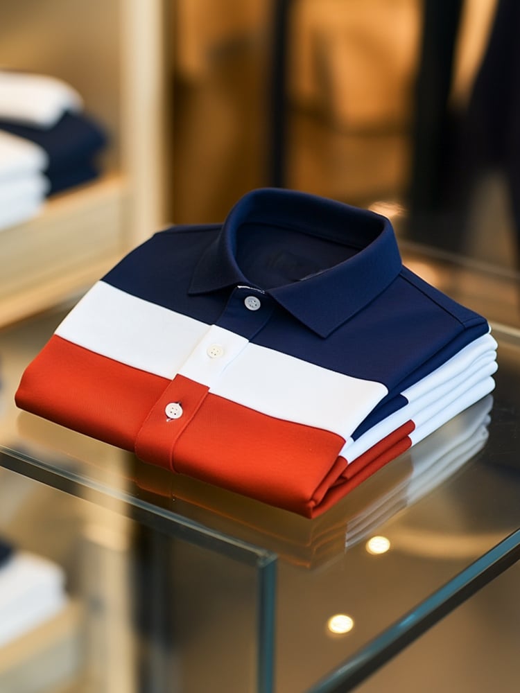 Men's Business Casual Striped Button Short Sleeve Polo Shirt
