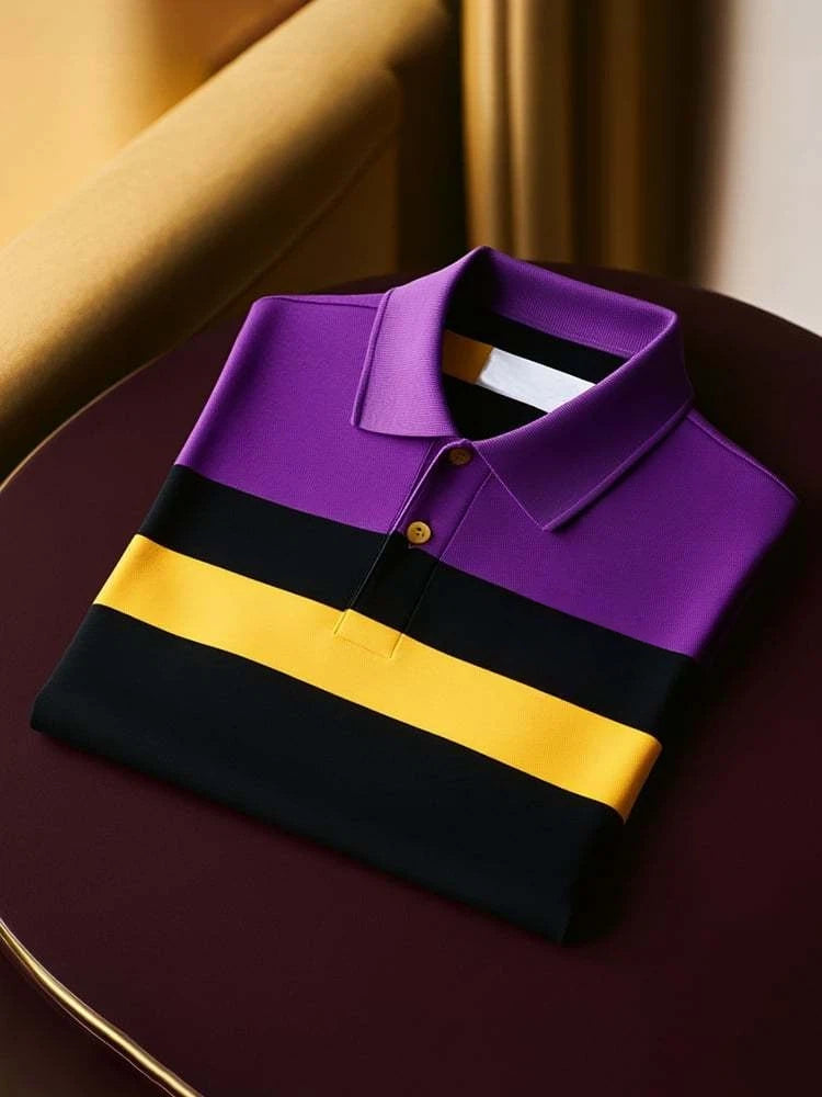 Men's Classic Business Check Logo Button Short Sleeve Polo Shirt