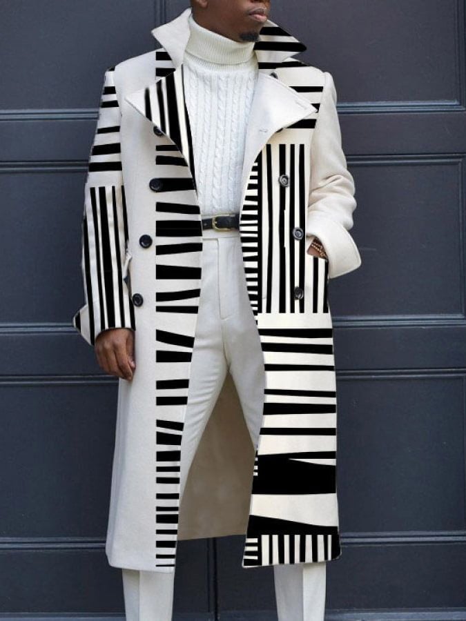 Men's Fashion Geometric Print Double Breasted Casual Windbreaker Coat