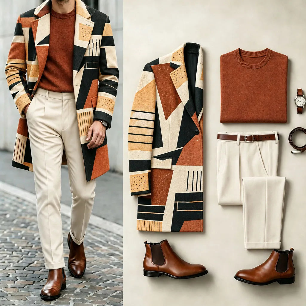 Men's Abstract Geometric Print Suit Set: Jacket, Knit Sweater, and Pants