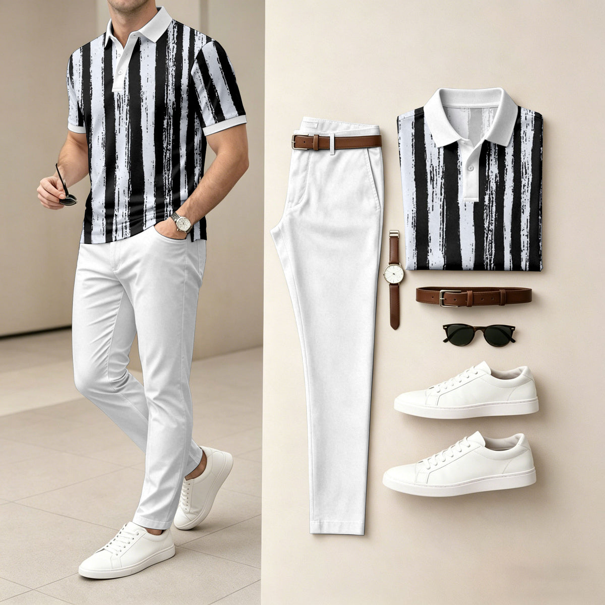 Men's Striped Print Short-Sleeve Polo Shirt and Pants Set