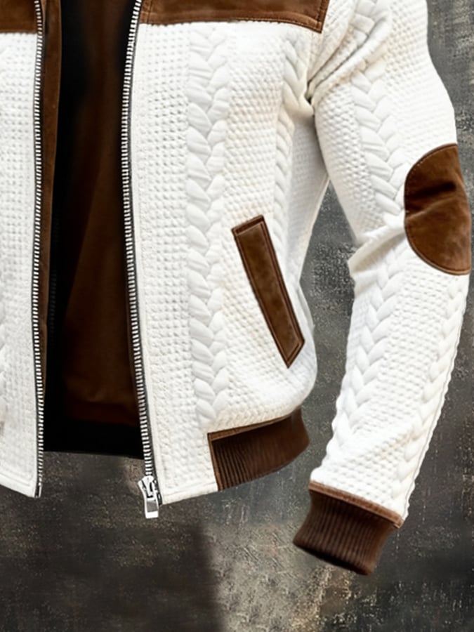 Men's Retro Textured Fabric & Suede Panel Multi-Pocket Outdoor Jacket