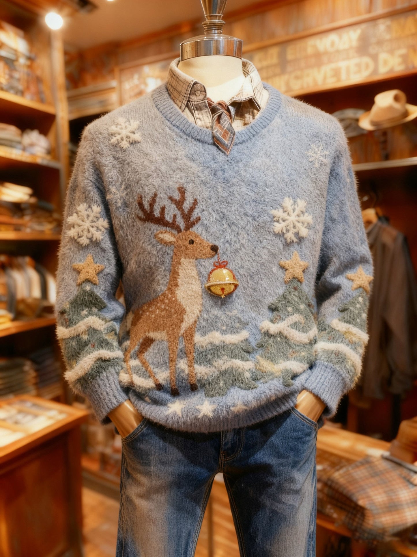 Men's Crew Neck Holiday Print Knit Sweater
