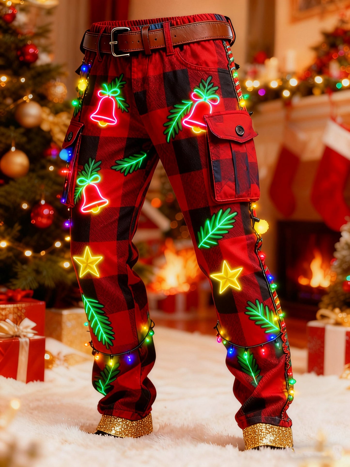 Men's Christmas Bells Holly Berries Candy Cane Plaid Printed Cargo Pants