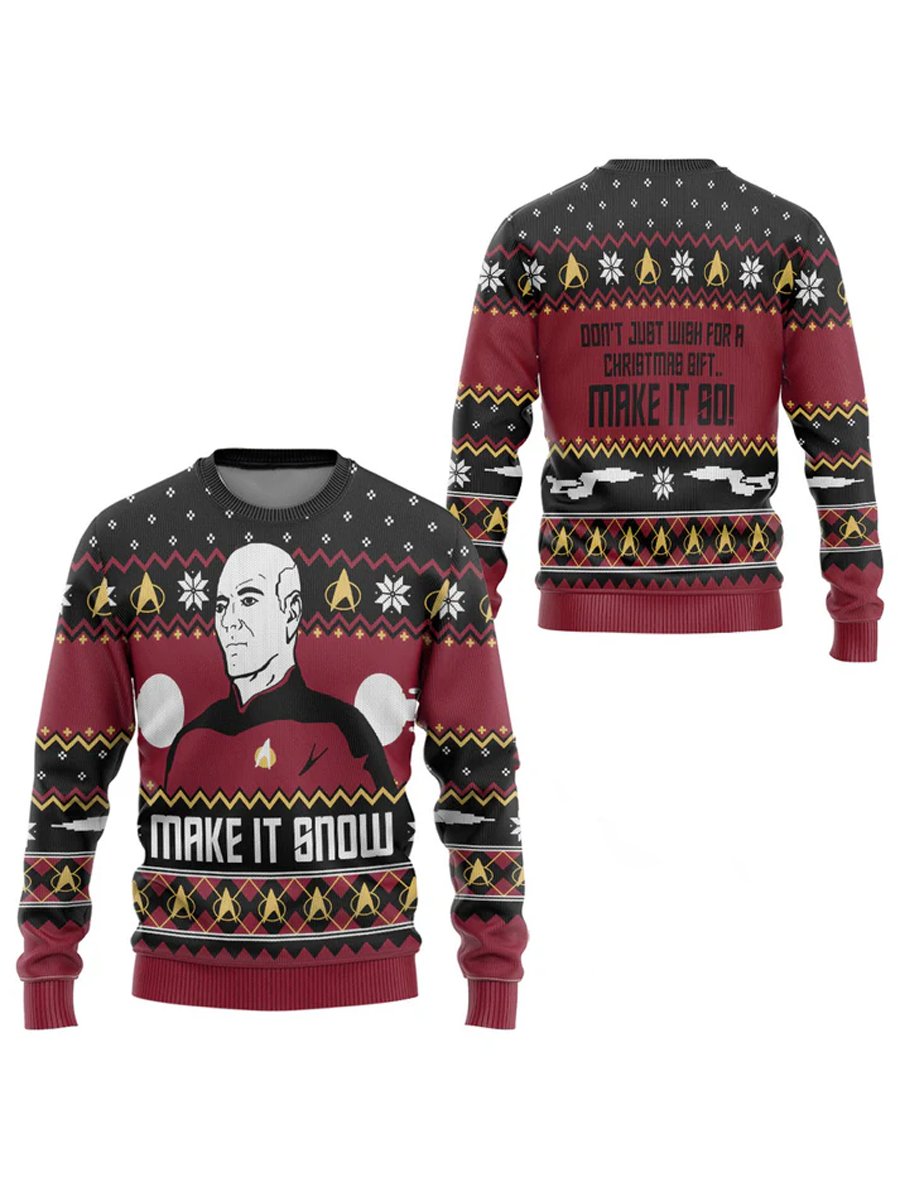 Funny Captain Luc Picard Snowy Christmas Custom Ugly Print Pullover - Unisex