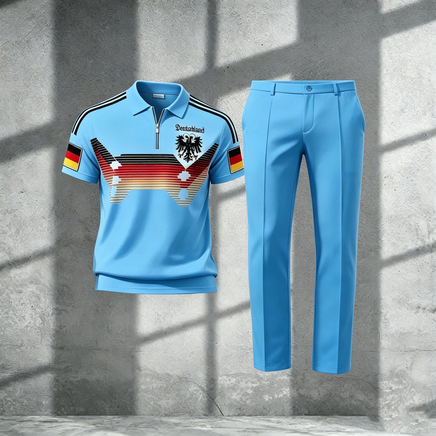 Men's Casual Blue Printed Polo Short-Sleeve T-Shirt And Pants Two-Piece Set