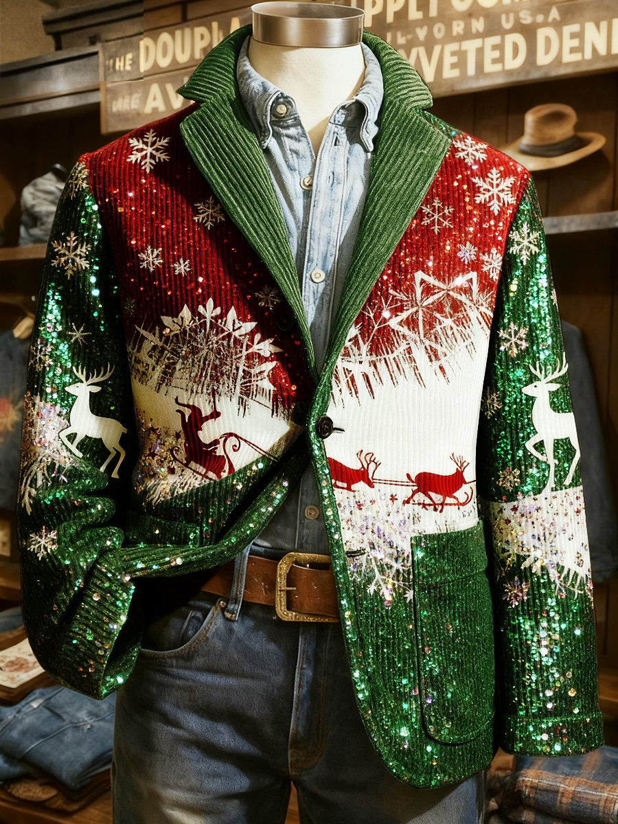 Men's Corduroy Santa and Reindeer Lapel Blazer