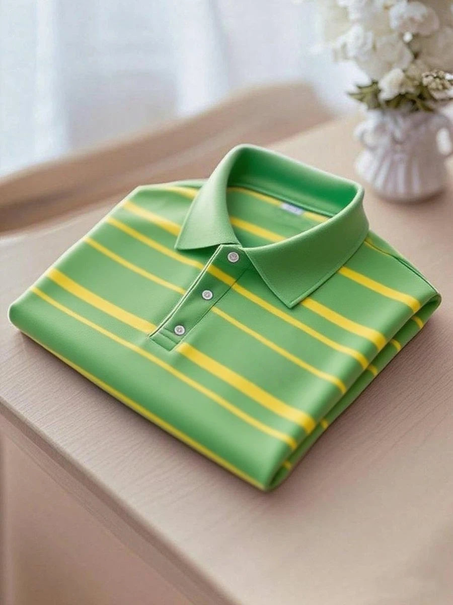 Men's Business Casual Green and Yellow Striped Logo Button Short Sleeve Polo Shirt