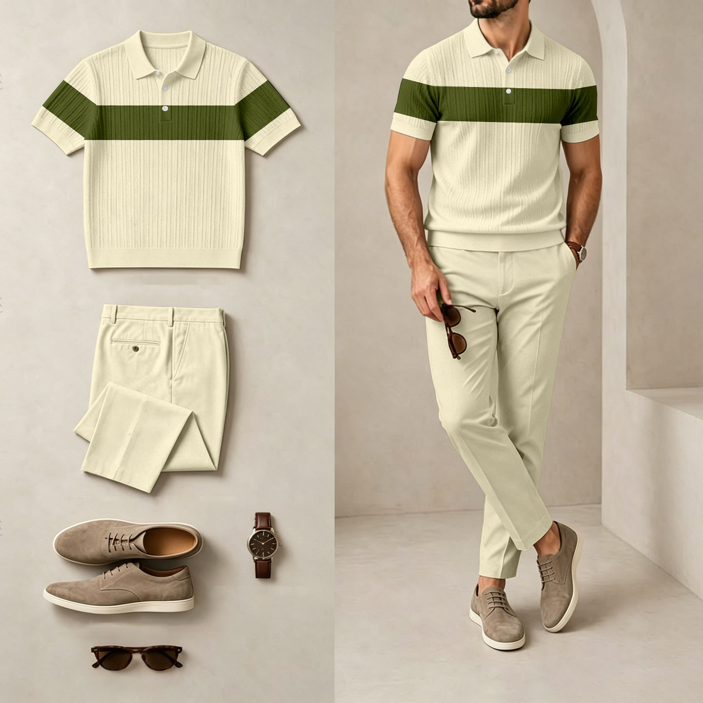 Men's Casual Striped, Two-Tone Print Short-Sleeve Polo Shirt And Pants Set (Excludes Accessories Such As Watches And Glasses)