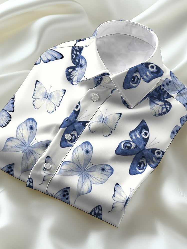Men's Business Casual Watercolor Butterfly Lapel Short Sleeve Shirt