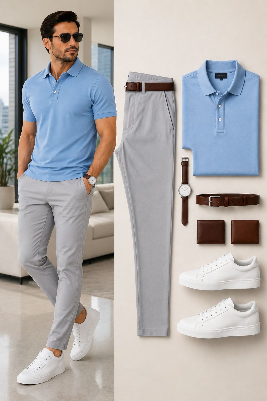 Men's Casual Sky Blue & Light Gray Solid Polo Shirt And Pants Two-Piece Set