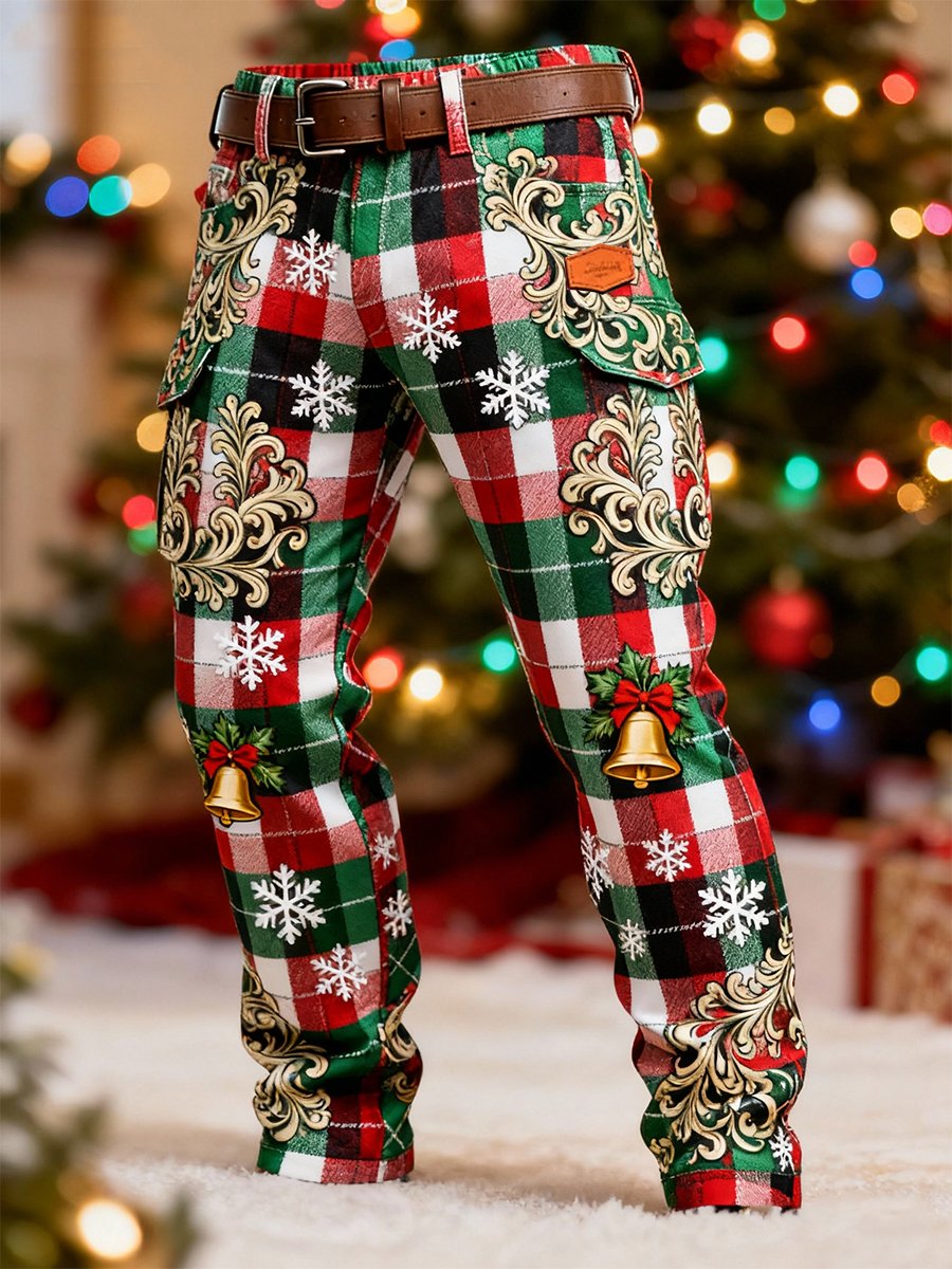 Men's Christmas Snowflake and Bell Print Cargo Pants