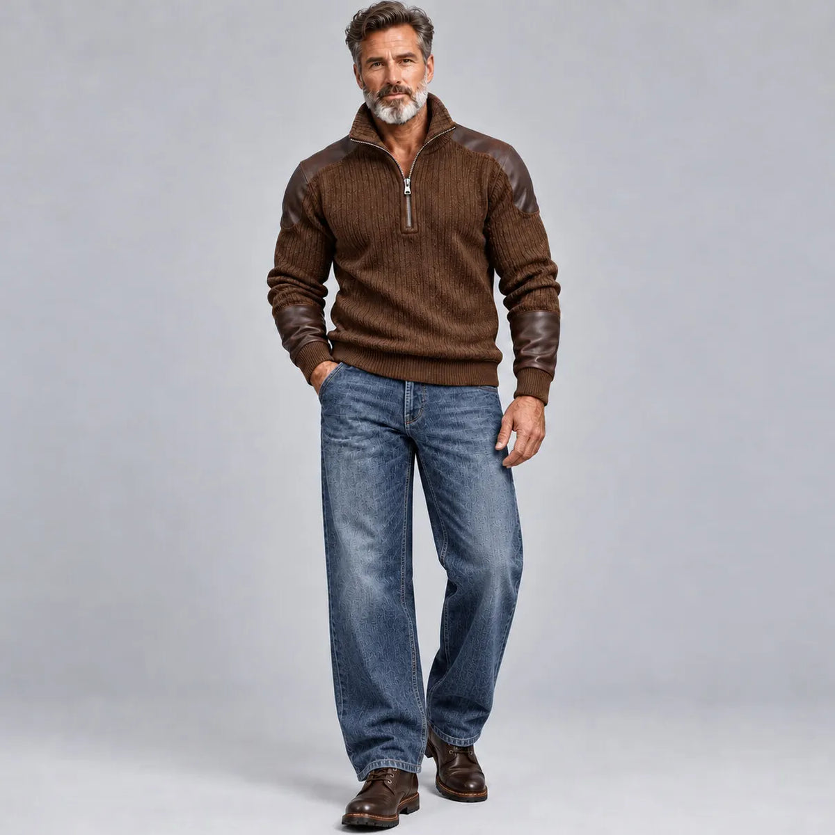 Men's Black Ribbed Knit Stand Collar Stitching PU Leather Half-Zip Pullover Sweatshirt