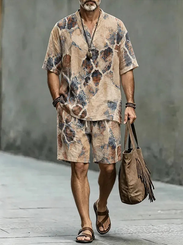 Men's Marble Geometric Art Print Half Button Shirt Shorts 2pcs Set
