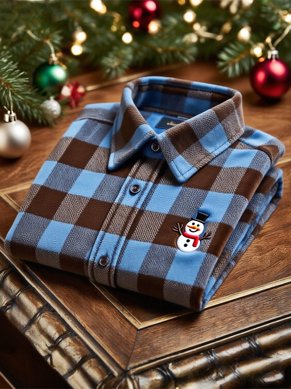 Men's Velvet Plaid Christmas Logo Casual Long Sleeve Shirt