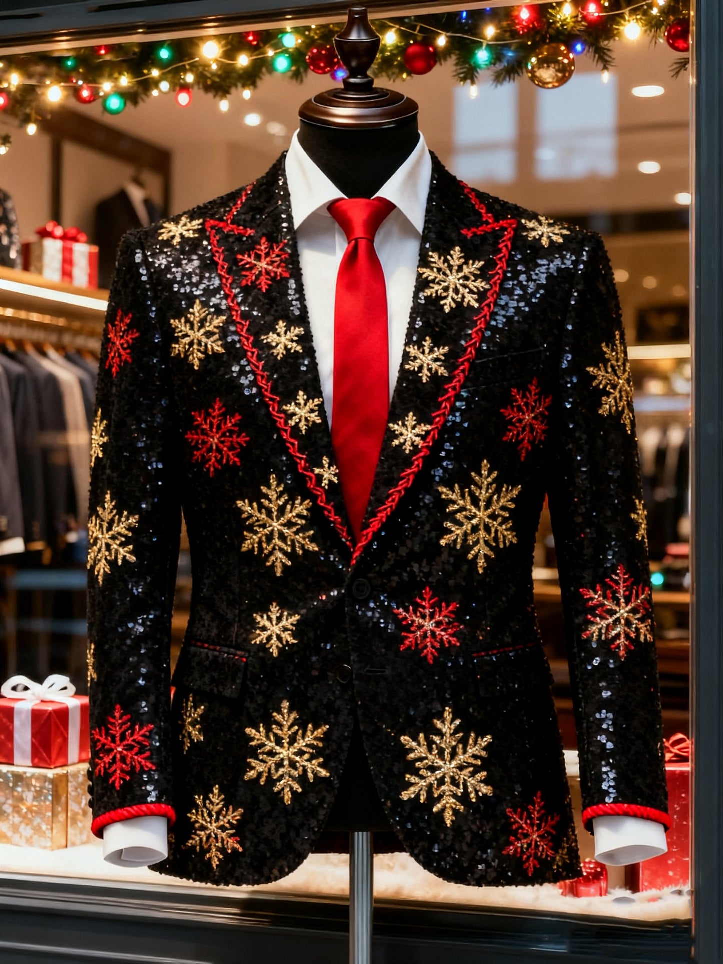 Men's Business Casual Large Pocket Notch Lapel Print Christmas Snowflake Blazers