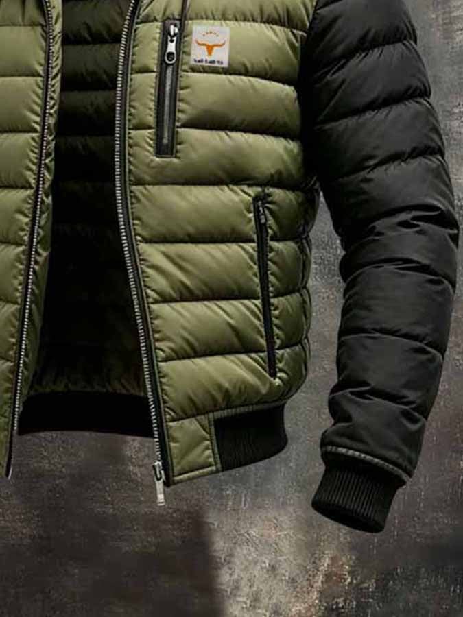 Men's Retro Color-Block Padded Down Jacket (Detachable Hood)