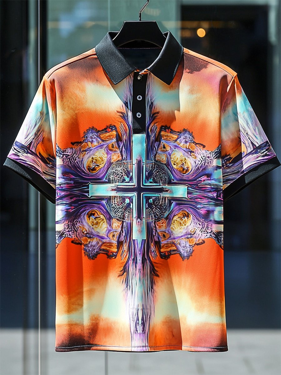 Men's Business Casual Cross Faith Button Short Sleeve Polo Shirt