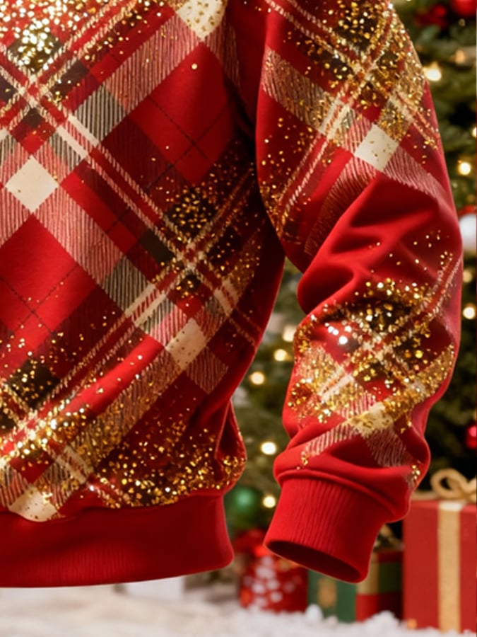 Men's Retro Color Block Print Christmas Fur Collar Sweatshirt