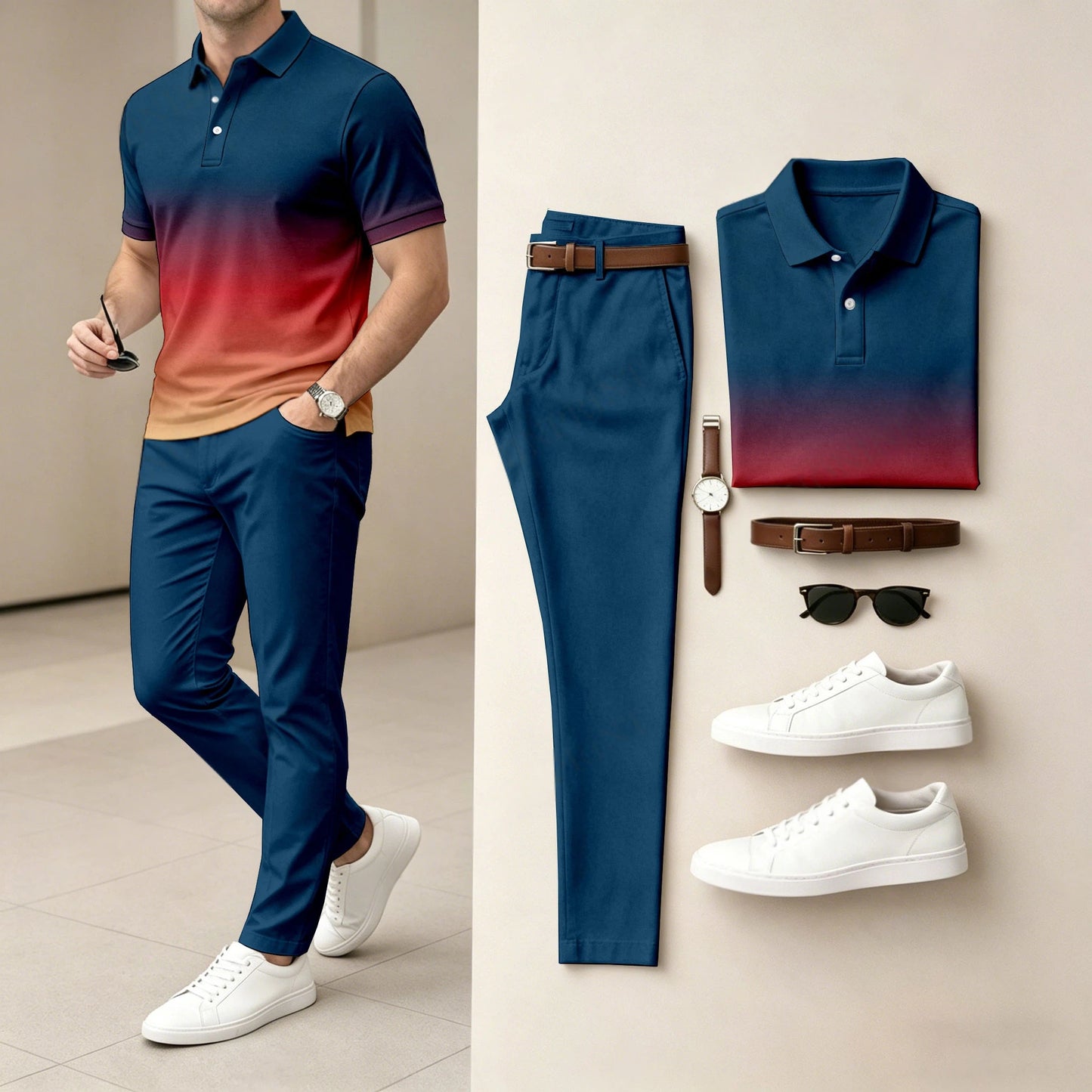 Men's Ombré Color Short-Sleeve Polo Shirt and Pants Two-Piece Set