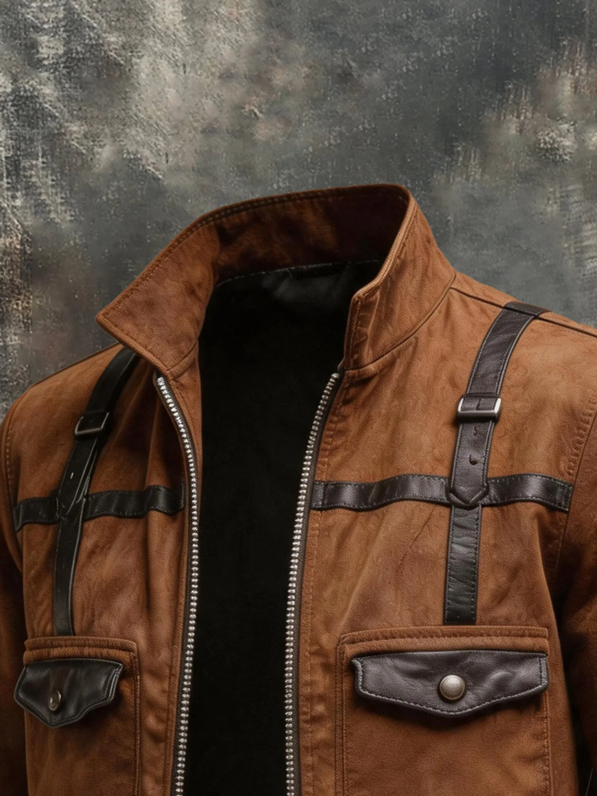 Men's Vintage Leather-Panel Multi-Pocket Outdoor Jacket