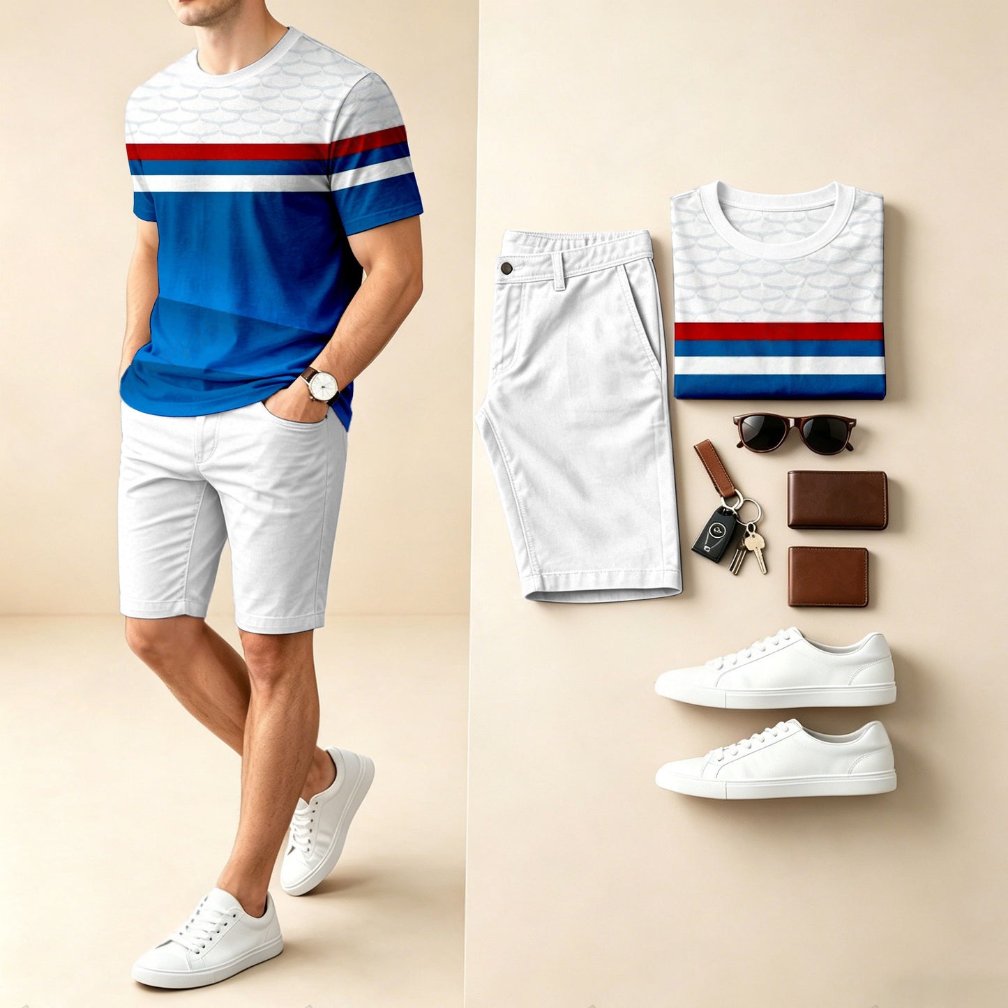 Men's Casual Striped Patchwork Print Round-Neck Short-Sleeve T-Shirt And Shorts Two-Piece Set