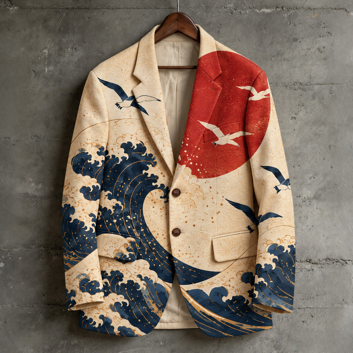 Men's Vintage Japanese Wave And Flying Bird Print Casual Blazer