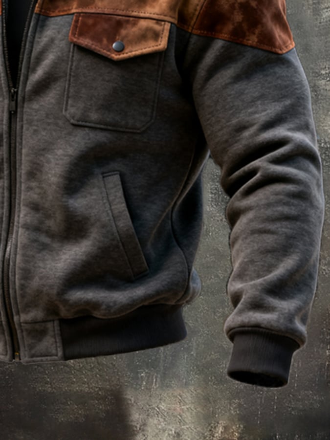 Men's Retro Stitching Contrast Color Fur Collar Jacket