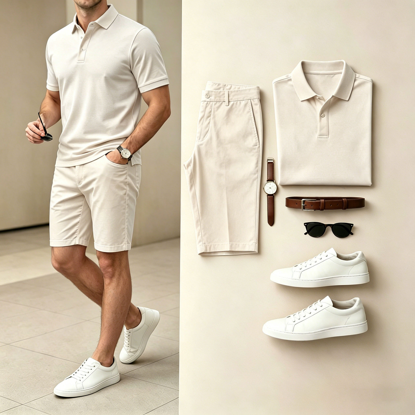 Men's Casual Solid Beige Polo Shirt And Shorts Two-Piece Set (Does Not Include Watch, Belt, Or Accessories)