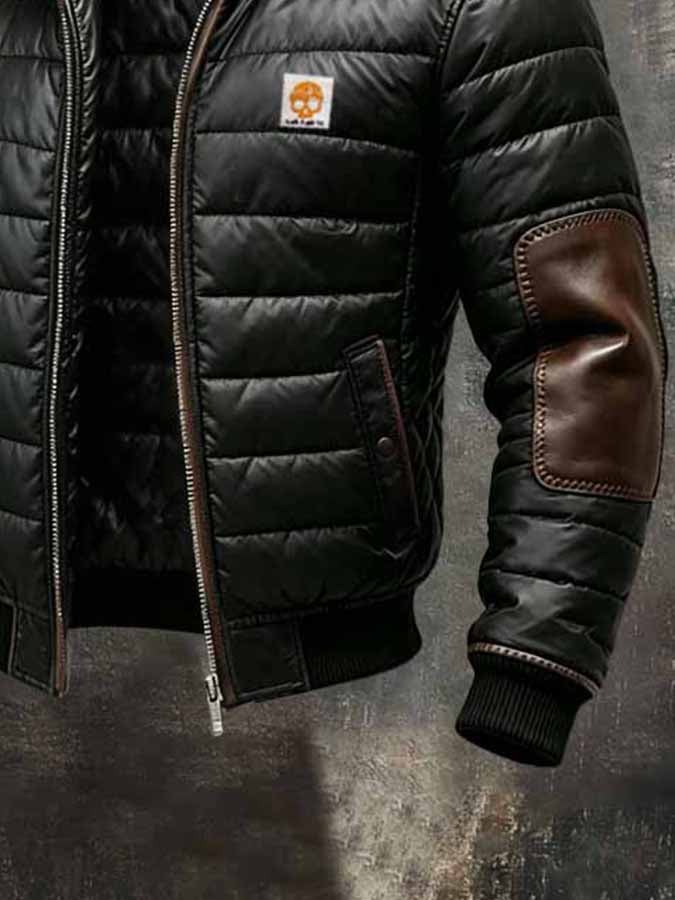 Men'S Retro Color-Block Down Jacket With Leather Paneling