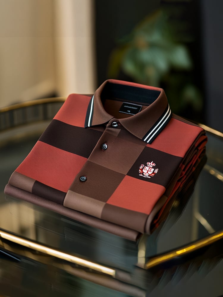 Men's Classic Business Check Logo Button Short Sleeve Polo Shirt