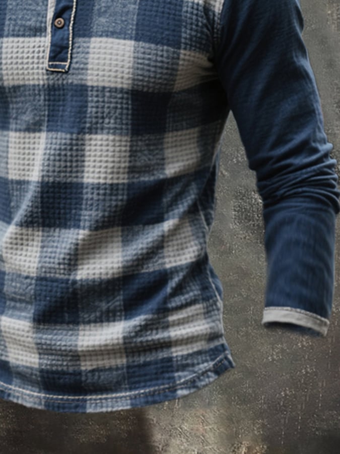 Men's Fashion Plaid Colorblock Henley Collar Long Sleeve T-Shirt