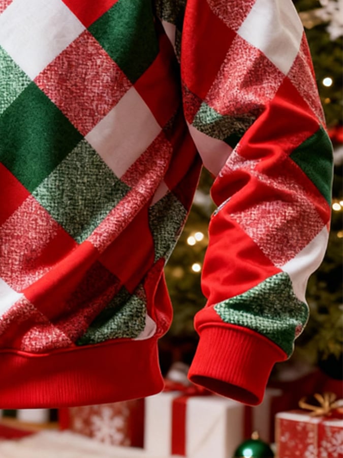 Men's Retro Color Block Print Christmas Fur Collar Sweatshirt