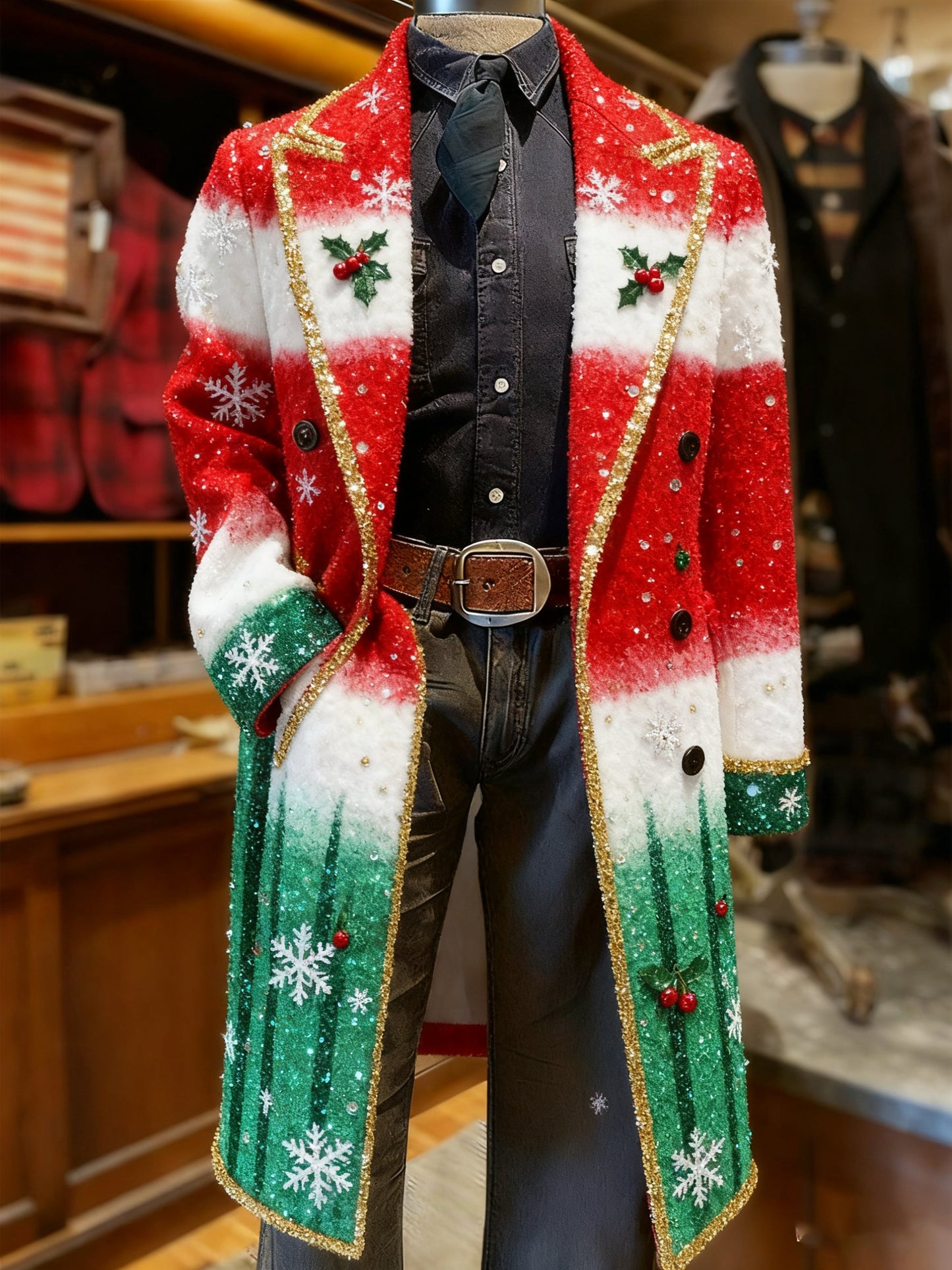 Men's Business Christmas Snowflake Long Wool Coat