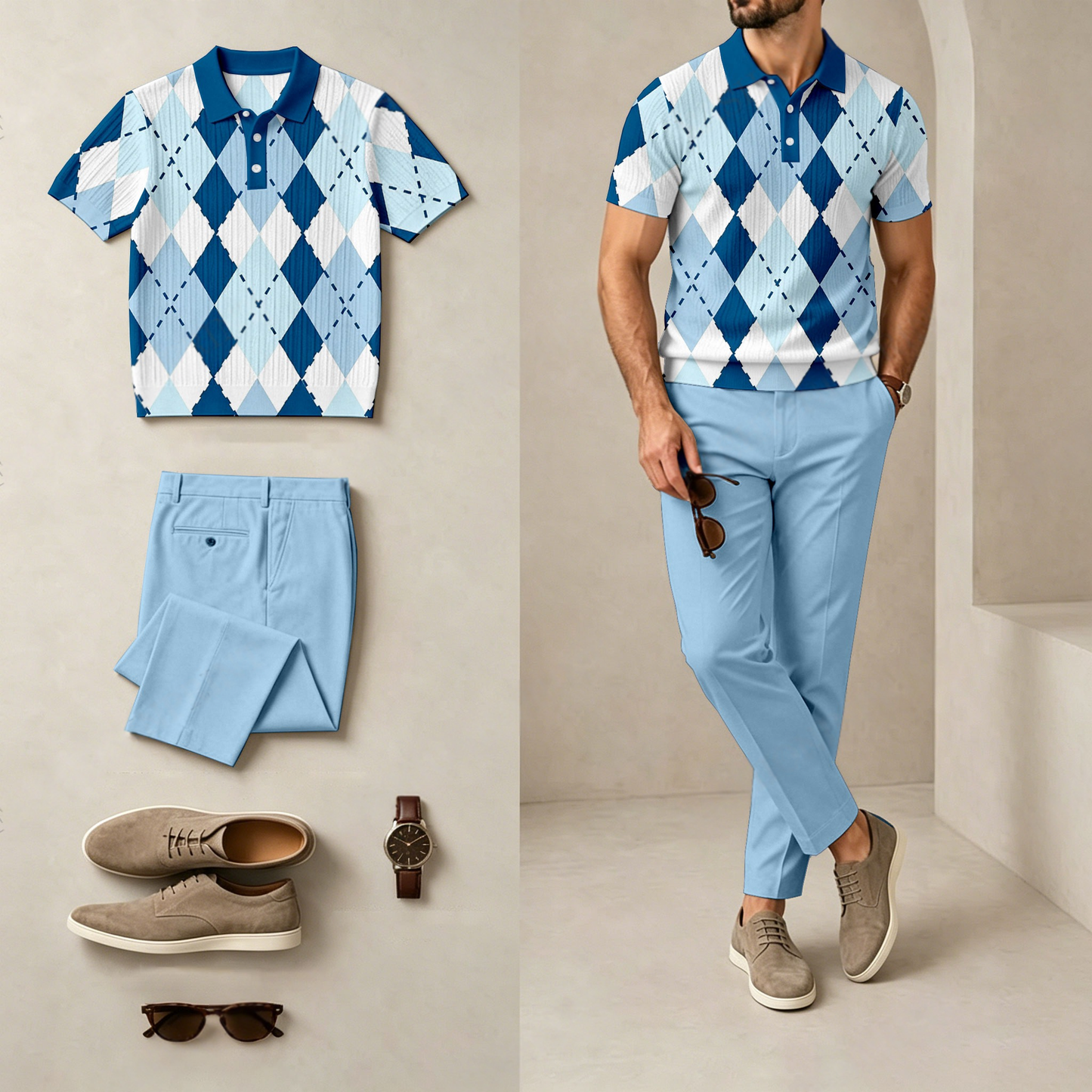 Men's Casual Diamond-Patterned Short-Sleeve Polo Shirt And Pants Set (Excludes Accessories Such As Watches And Glasses)