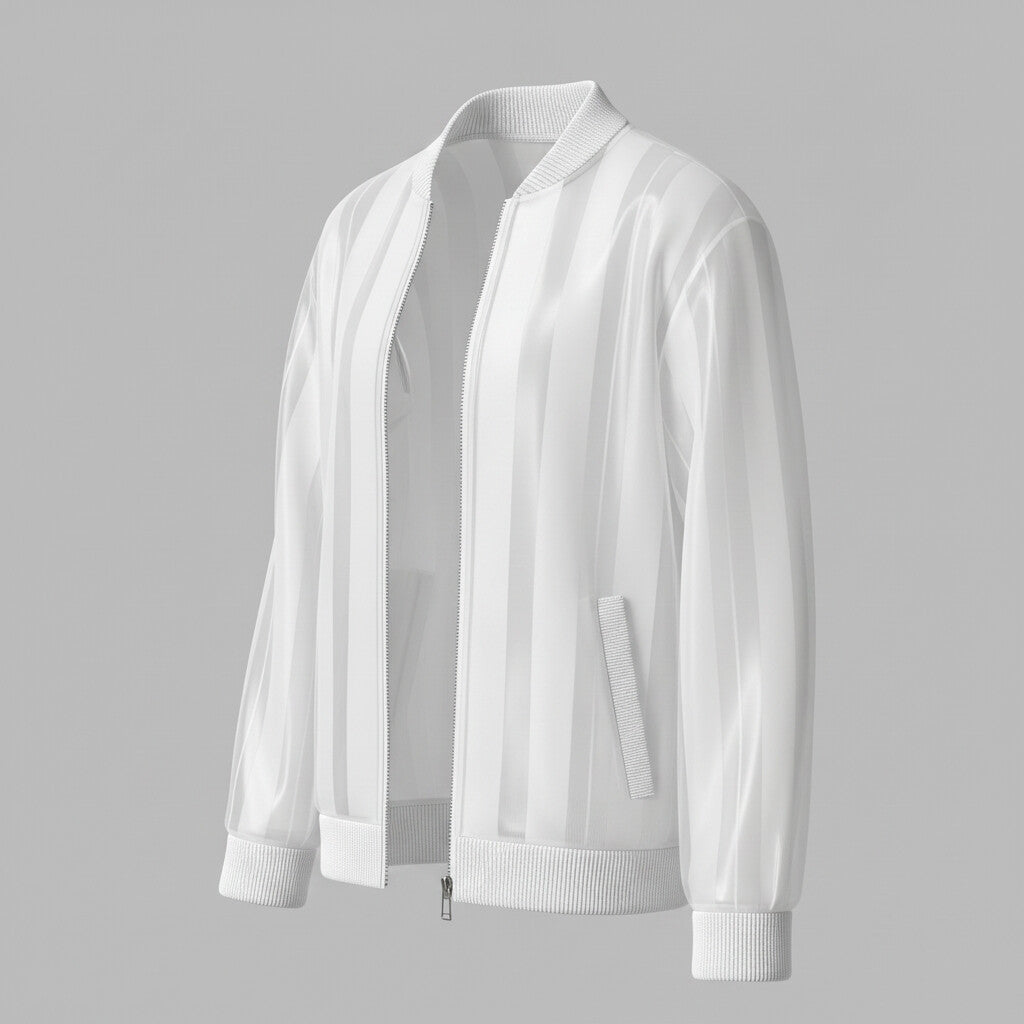Men's Stylish White Organza Semi-Sheer Striped Zip-Up Jacket
